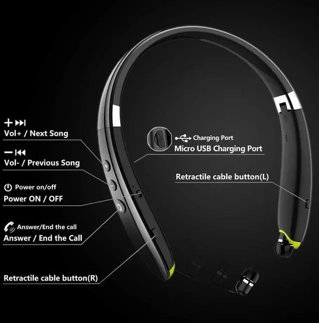 Alt view image 11 of 14 - Bluetooth Headphones, Upgraded Foldable Wireless Neckband Headset with Retractable Earbuds, Noise Cancelling Stereo Earphones with Mic for Workout, Running, Driving (with Carry Case)