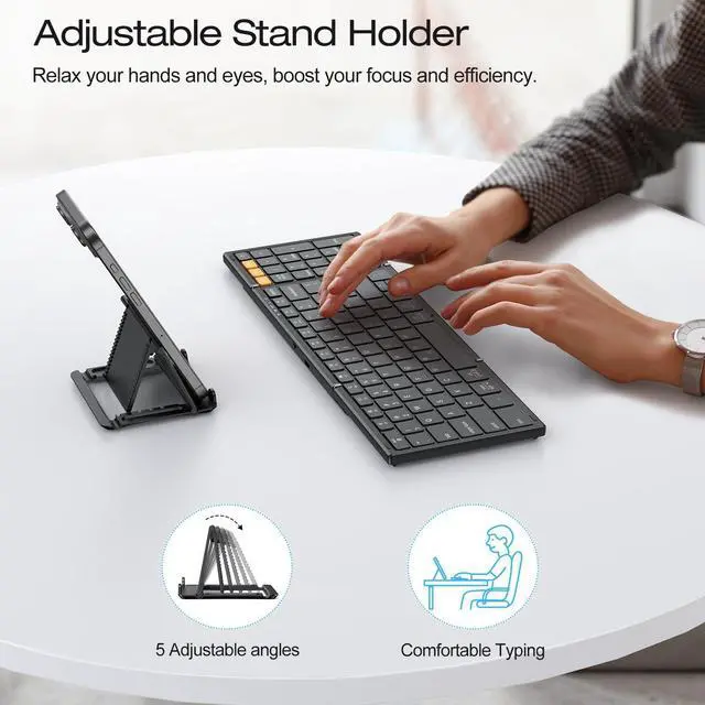 Alt view image 14 of 14 - Foldable Bluetooth Keyboard Supports Up to 3 Devices, Rechargeable Wireless for iPad iOS Android Tablet MacOS Windows Laptop PC, Full Size Folding Travel Keyboard, Black