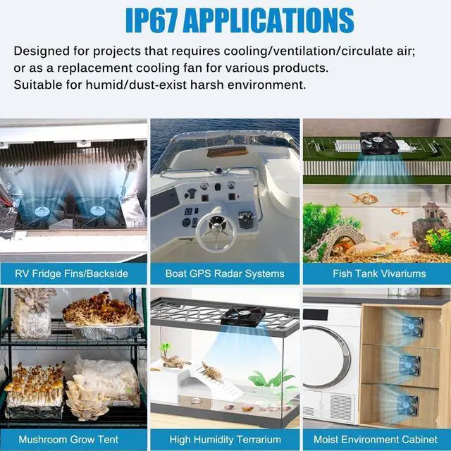 Alt view image 10 of 14 - 120mm Waterproof Fan with Speed Controller, IP67 12V Computer Fan with AC Plug, 110V 120V 220V AC Powered Ventilation Exhaust Fans for Receiver Terrarium Biltong Box Grow Tent Cabinet Cooling