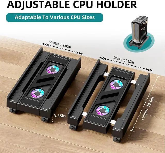 Alt view image 9 of 14 - Adjustable Computer Tower Stand with Cooling Fan, Mobile CPU Holder with 4 Rolling Casters, Under Desk CPU Bracket PC Floor Cart PC Riser for Office, Home and Classroom. (Fan version)