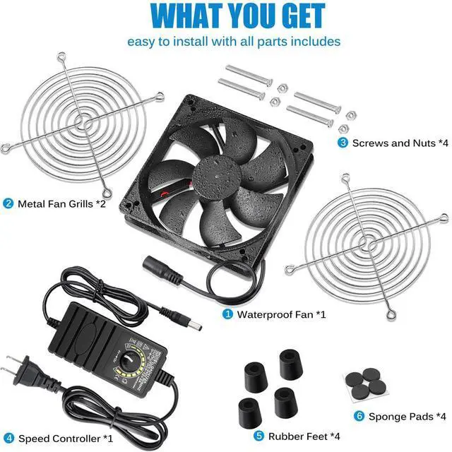 Alt view image 14 of 14 - 120mm Waterproof Fan with Speed Controller, IP67 12V Computer Fan with AC Plug, 110V 120V 220V AC Powered Ventilation Exhaust Fans for Receiver Terrarium Biltong Box Grow Tent Cabinet Cooling