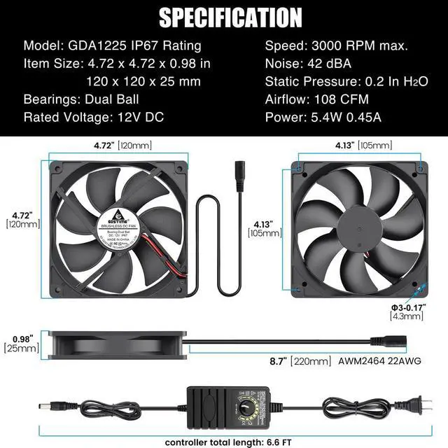 Alt view image 13 of 14 - 120mm Waterproof Fan with Speed Controller, IP67 12V Computer Fan with AC Plug, 110V 120V 220V AC Powered Ventilation Exhaust Fans for Receiver Terrarium Biltong Box Grow Tent Cabinet Cooling