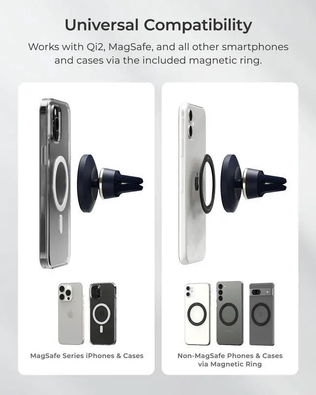Alt view image 8 of 12 - Velox MagSafe Compatible Air Vent Car Phone Holder. Unversal Magnetic Car Phone Mount for iPhone 12/13/14/15/16/17 Series & Android Phones via Included Magnetic Ring Adapter