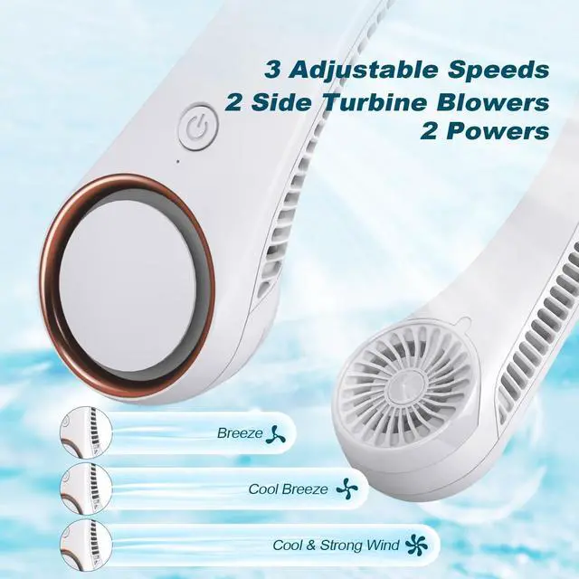 Alt view image 10 of 14 - Neck Fan: Portable Personal Neck Cooling Rechargeable Bladeless Fan - Hands Free 3 Speed 4000 mAh Battery USB Operated Wearable Headphone Design - Gift for Men Women Outdoor (White)