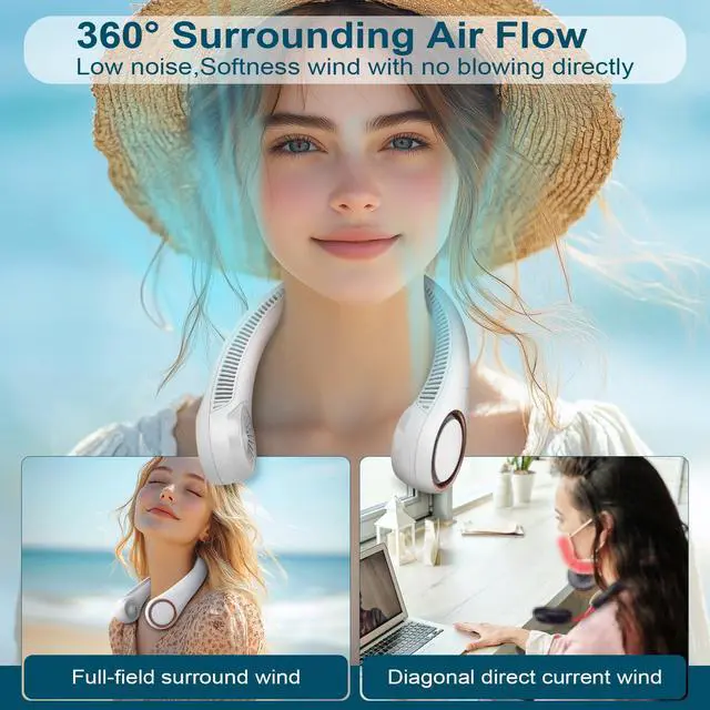 Alt view image 9 of 14 - Neck Fan: Portable Personal Neck Cooling Rechargeable Bladeless Fan - Hands Free 3 Speed 4000 mAh Battery USB Operated Wearable Headphone Design - Gift for Men Women Outdoor (White)