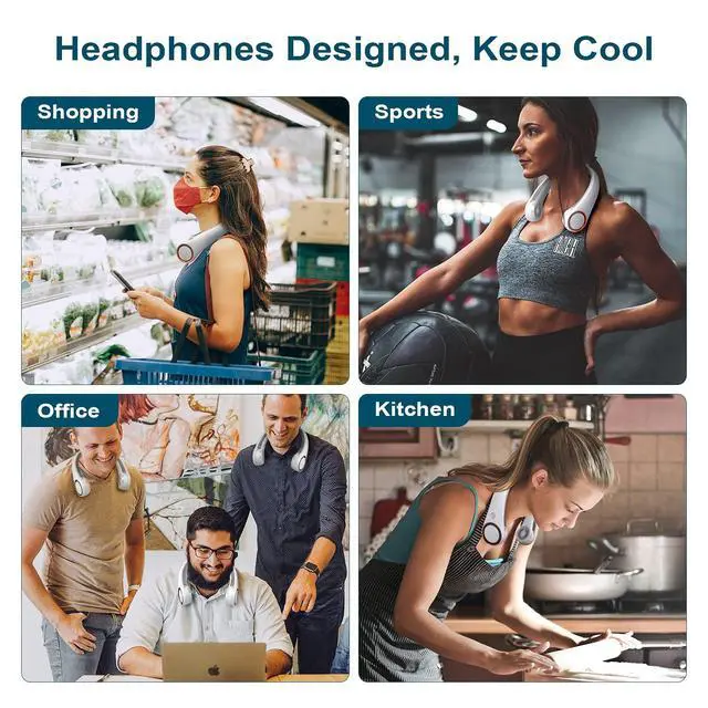 Alt view image 14 of 14 - Neck Fan: Portable Personal Neck Cooling Rechargeable Bladeless Fan - Hands Free 3 Speed 4000 mAh Battery USB Operated Wearable Headphone Design - Gift for Men Women Outdoor (White)