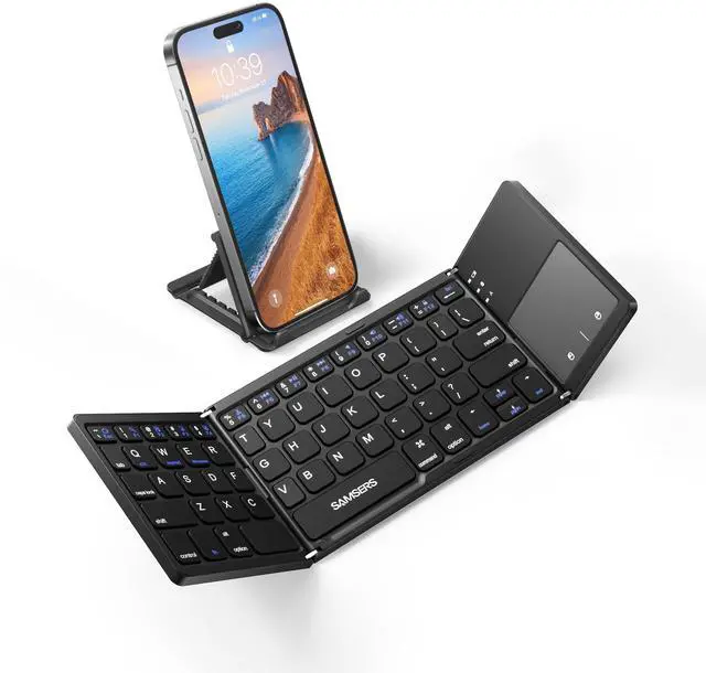 Alt view image 8 of 14 - Foldable Bluetooth Keyboard with Touchpad - Portable Wireless Keyboard with Holder, Rechargeable Full Size Ultra Slim Pocket Folding Keyboards for Android Windows iOS Tablet & Laptop - Black