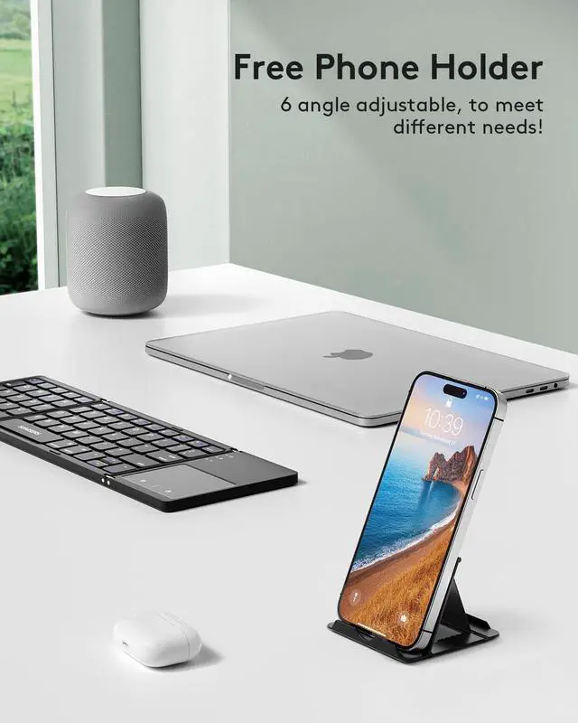 Alt view image 12 of 14 - Foldable Bluetooth Keyboard with Touchpad - Portable Wireless Keyboard with Holder, Rechargeable Full Size Ultra Slim Pocket Folding Keyboards for Android Windows iOS Tablet & Laptop - Black