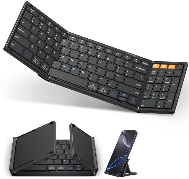 Alt view image 8 of 14 - Foldable Bluetooth Keyboard Supports Up to 3 Devices, Rechargeable Wireless for iPad iOS Android Tablet MacOS Windows Laptop PC, Full Size Folding Travel Keyboard, Black