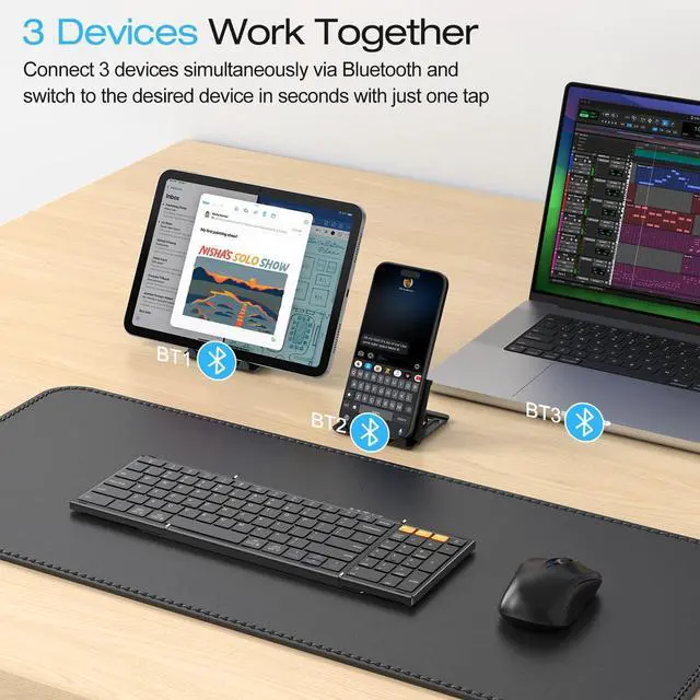 Alt view image 9 of 14 - Foldable Bluetooth Keyboard Supports Up to 3 Devices, Rechargeable Wireless for iPad iOS Android Tablet MacOS Windows Laptop PC, Full Size Folding Travel Keyboard, Black