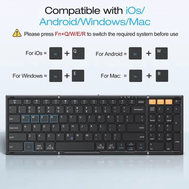 Alt view image 10 of 14 - Foldable Bluetooth Keyboard Supports Up to 3 Devices, Rechargeable Wireless for iPad iOS Android Tablet MacOS Windows Laptop PC, Full Size Folding Travel Keyboard, Black