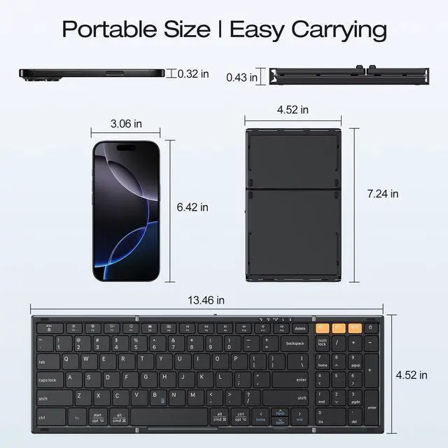Alt view image 12 of 14 - Foldable Bluetooth Keyboard Supports Up to 3 Devices, Rechargeable Wireless for iPad iOS Android Tablet MacOS Windows Laptop PC, Full Size Folding Travel Keyboard, Black