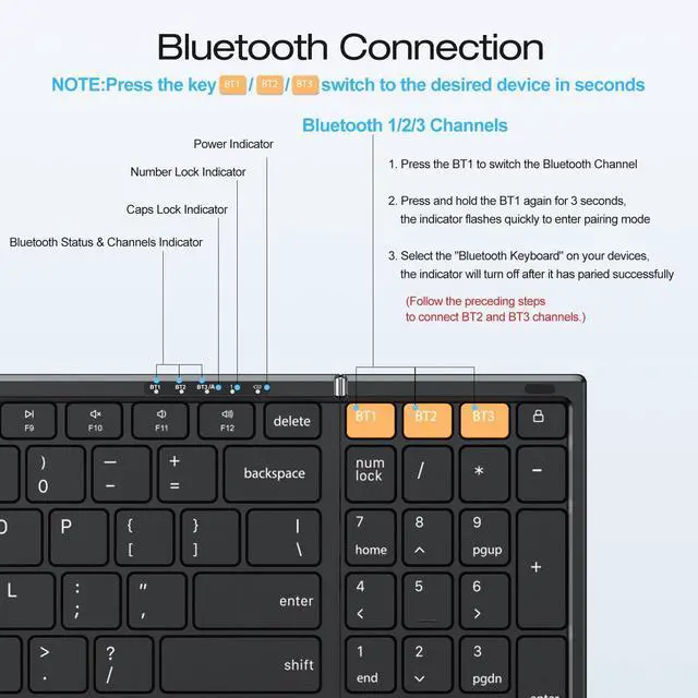 Alt view image 13 of 14 - Foldable Bluetooth Keyboard Supports Up to 3 Devices, Rechargeable Wireless for iPad iOS Android Tablet MacOS Windows Laptop PC, Full Size Folding Travel Keyboard, Black