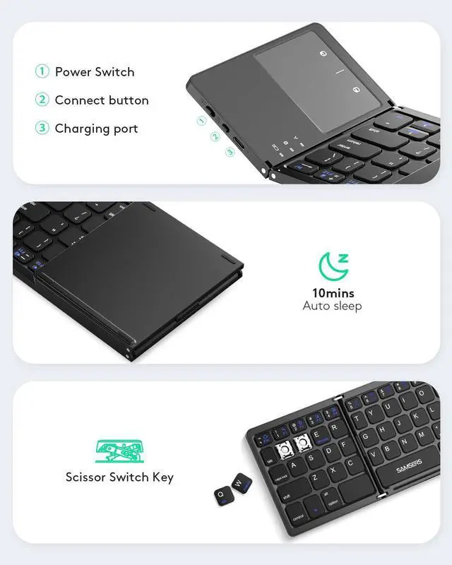 Alt view image 13 of 14 - Foldable Bluetooth Keyboard with Touchpad - Portable Wireless Keyboard with Holder, Rechargeable Full Size Ultra Slim Pocket Folding Keyboards for Android Windows iOS Tablet & Laptop - Black
