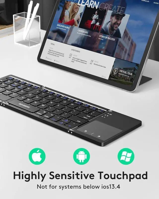 Alt view image 10 of 14 - Foldable Bluetooth Keyboard with Touchpad - Portable Wireless Keyboard with Holder, Rechargeable Full Size Ultra Slim Pocket Folding Keyboards for Android Windows iOS Tablet & Laptop - Black