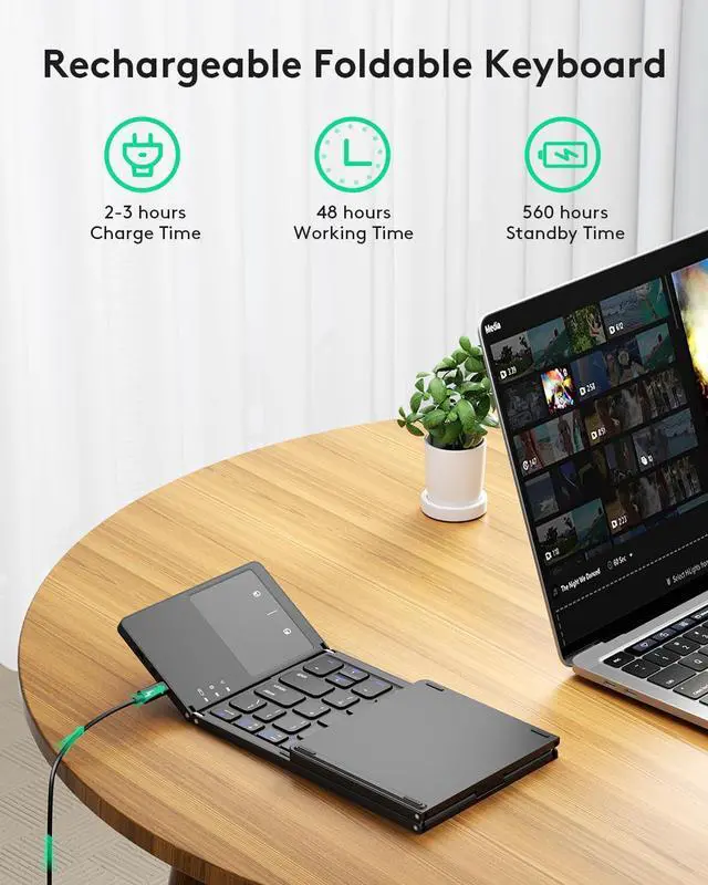 Alt view image 11 of 14 - Foldable Bluetooth Keyboard with Touchpad - Portable Wireless Keyboard with Holder, Rechargeable Full Size Ultra Slim Pocket Folding Keyboards for Android Windows iOS Tablet & Laptop - Black