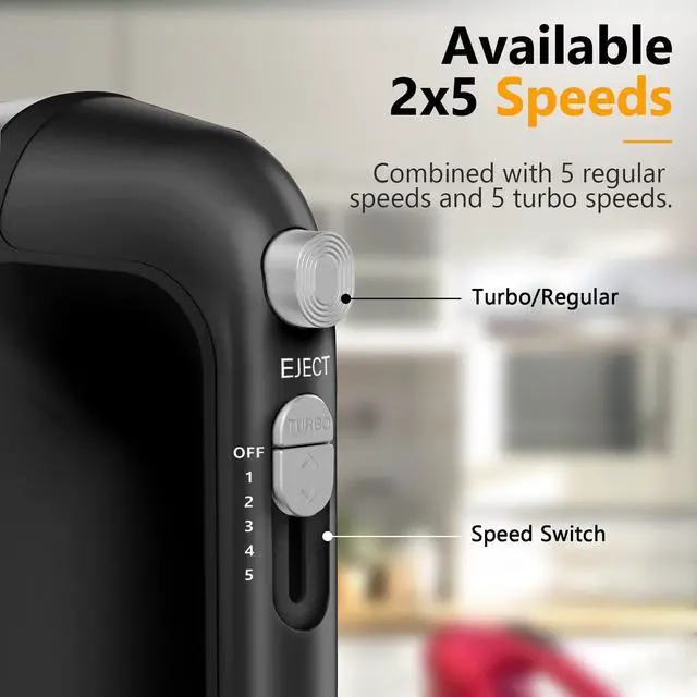 Alt view image 9 of 12 - Hand Mixer Electric, 450W Kitchen Mixers with Scale Cup Storage Case, Turbo Boost/Self-Control Speed + 5 Speed + Eject Button + 5 Stainless Steel Accessories, For Easy Whipping Dough, Cream, Black