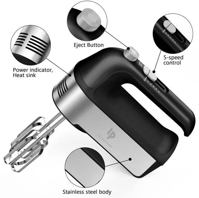 Alt view image 8 of 12 - Hand Mixer Electric, 450W Kitchen Mixers with Scale Cup Storage Case, Turbo Boost/Self-Control Speed + 5 Speed + Eject Button + 5 Stainless Steel Accessories, For Easy Whipping Dough, Cream, Black