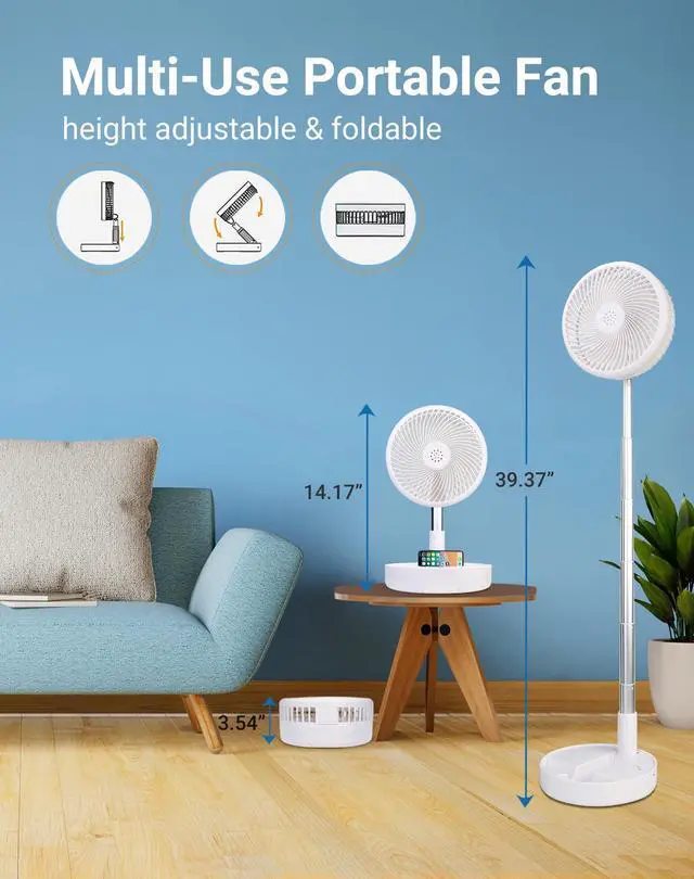 Alt view image 10 of 14 - Battery Operated Fan,Portable Rechargeable USB Floor Table Desk Fan with Adjustable Height, 4 Speed Settings Pedestal Fan for Bedroom Camping Travel,White 7.7"