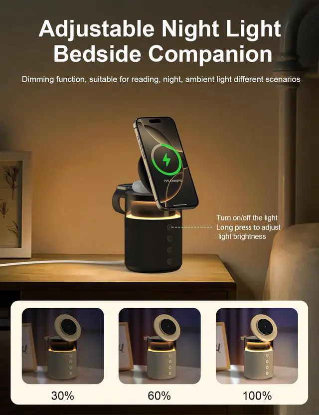 Alt view image 12 of 14 - 5-in-1 Wireless Charging Station with Bluetooth Speaker,Magnetic Charger with Night Light,Charger Stand with 33W Adapter Compatible with Apple Watch&iPhone 16 15 14 13 12 Pro Max&Wireless Earbuds
