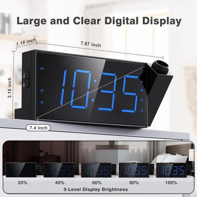 Alt view image 12 of 14 - FM Radio Projection Alarm Clock for Bedroom, Large LED Display with Dimmer, Dual Alarms, USB Charger, Sleep Timer,Clock Radio for Heavy Sleepers