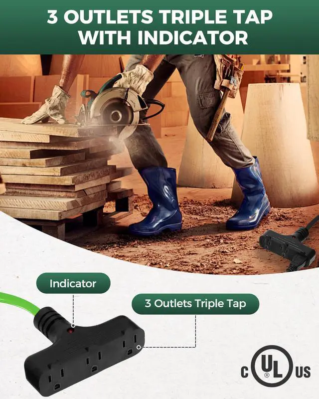 Alt view image 11 of 14 - 30 Ft Retractable Extension Cord Reel, 16/3 Gauge SJTW Power Cord with 3 Electrical Outlets Pigtail for Garage and Shop, 10 Amp Circuit Breaker, Metal Plate, UL Listed, Green J30CR06