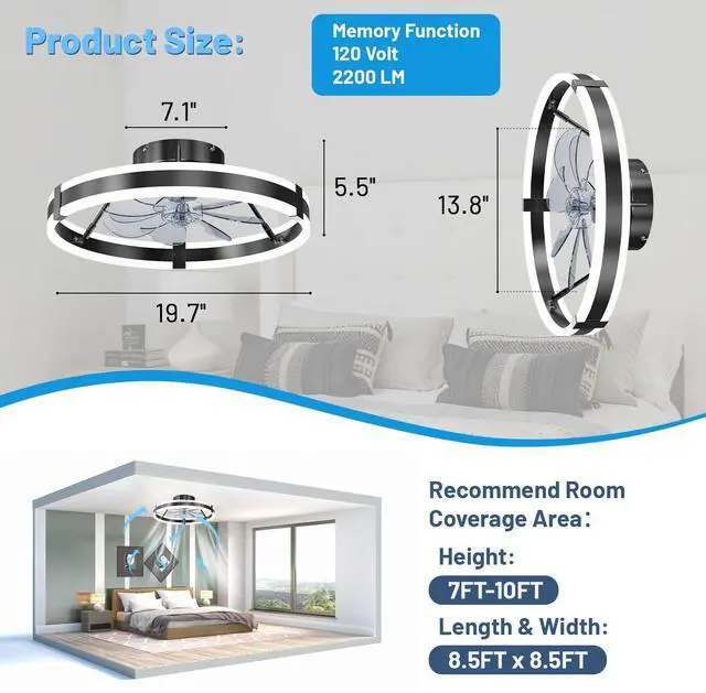 Alt view image 14 of 14 - Low Profile Bladeless Ceiling Fan with Lights & Remote - 19.7" Flush Mount Fandelier Light Fan for Bedroom/Kitchen, 3000-6000K Dimmable LED, 6-Speed Modern Fan with Lights for Home/Office