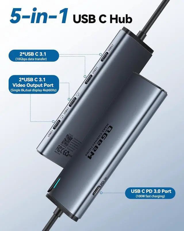 Alt view image 9 of 14 - USB C Hub,Multiple Converter Adapter 5 in 1,Type C Splitter Extender with Single 8K,Dual 4K/60Hz,10Gbps Data Transfer,PD 100W,for MacBook Pro,iMac,HPM1/M2 only 1 Display