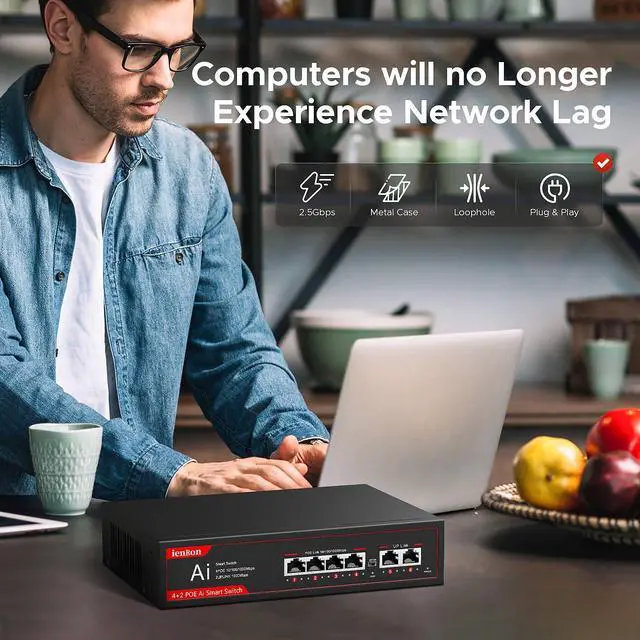 Alt view image 5 of 5 - 6 Ports PoE Switch, 4 Ports Gigabit PoE Switch with 2 Uplink Gigabit Ports, Plug and Play with AI Detection VLAN Mode Unmanaged Ethernet Splitter Network Switch in Metal Case, Red / Black