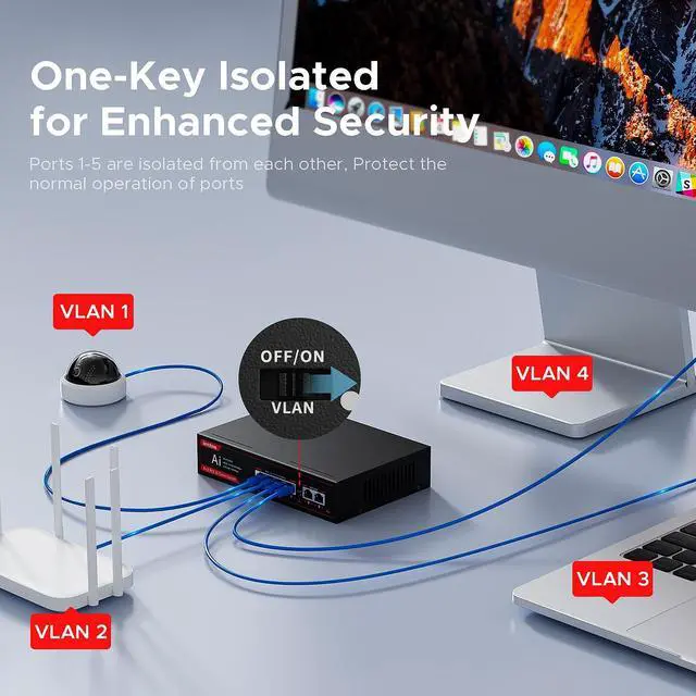 Alt view image 2 of 5 - 6 Ports PoE Switch, 4 Ports Gigabit PoE Switch with 2 Uplink Gigabit Ports, Plug and Play with AI Detection VLAN Mode Unmanaged Ethernet Splitter Network Switch in Metal Case, Red / Black