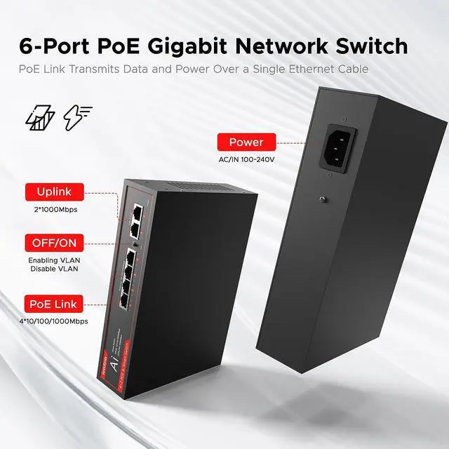 Main image of 6 Ports PoE Switch, 4 Ports Gigabit PoE Switch with 2 Uplink Gigabit Ports, Plug and Play with AI Detection VLAN Mode Unmanaged Ethernet Splitter Network Switch in Metal Case, Red / Black