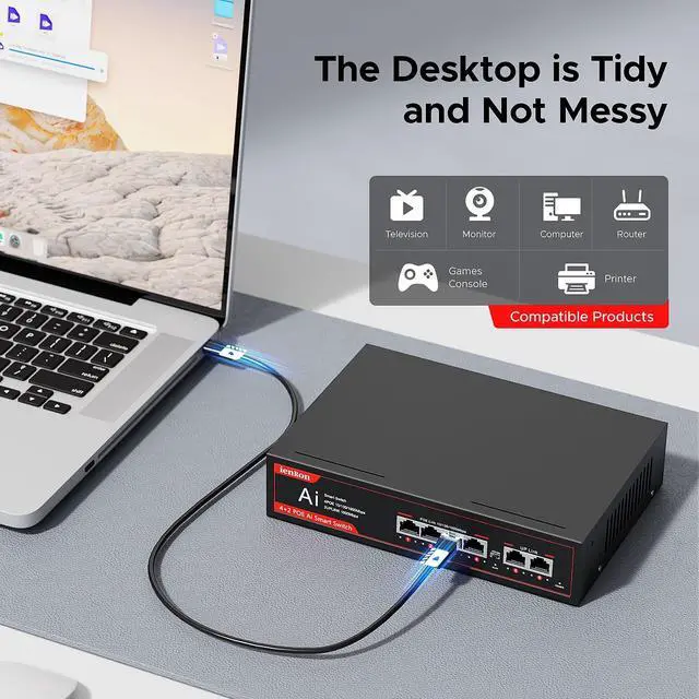 Alt view image 4 of 5 - 6 Ports PoE Switch, 4 Ports Gigabit PoE Switch with 2 Uplink Gigabit Ports, Plug and Play with AI Detection VLAN Mode Unmanaged Ethernet Splitter Network Switch in Metal Case, Red / Black