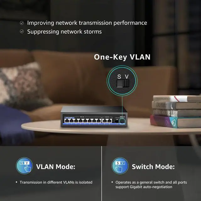 Alt view image 6 of 7 - 11-Port PoE Gigabit Switch, 8 PoE+ Port, 2 Gigabit Uplink, 1 SFP Port, 120W AI Detection, Qos, Fanless Metal Plug & Play Unmanaged Network Switch