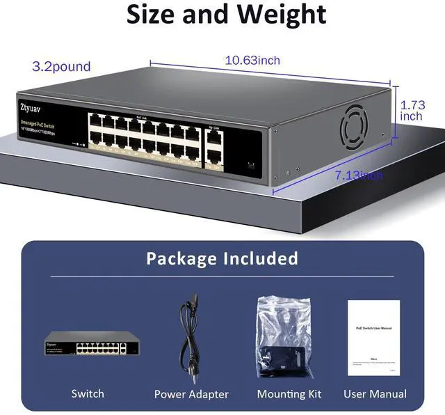 Alt view image 6 of 7 - 18-Port Full Gigabit Unmanaged PoE Switch with 16 PoE+ Ports @250W, 2 Uplink Ports-IEEE802.3af/at Compliant, 6KV Lighting Protection, VLAN Mode, Fanless & Metal Plug & Play