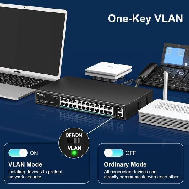 Alt view image 6 of 7 - 24 Port Gigabit PoE Switch with 2 Uplink Gigabit Ports, VIMIN 26 Port Unmanaged PoE Ethernet Switch with 320W Power, Support IEEE802.3af/at, VLAN, Metal Housing, 19 inch Rack-Mount, Plug and Play