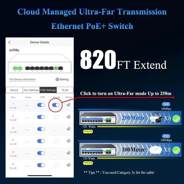 Alt view image 3 of 7 - PoE Switch, 10 Ports Managed PoE Ethernet Switch (8*100M PoE Ports +2*1000M Uplinks), 120W Built in Power, 250m Extend Function, VLAN, QoS, Fanless Metal, Desktop/Wall Mount, Plug and Play