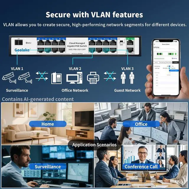 Alt view image 3 of 7 - 16-Port Gigabit PoE+ Switch for Small Business, Easy Managed, 240W Built-in High-Power for IP Cameras/APs, 2 Gigabit Uplinks + 1 Combo SFP Slot, VLAN & 250m Extend, Plug & Play Rack-mountable