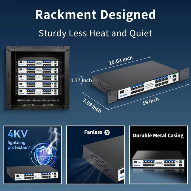 Alt view image 7 of 7 - 16-Port Gigabit PoE+ Switch for Small Business, Easy Managed, 240W Built-in High-Power for IP Cameras/APs, 2 Gigabit Uplinks + 1 Combo SFP Slot, VLAN & 250m Extend, Plug & Play Rack-mountable