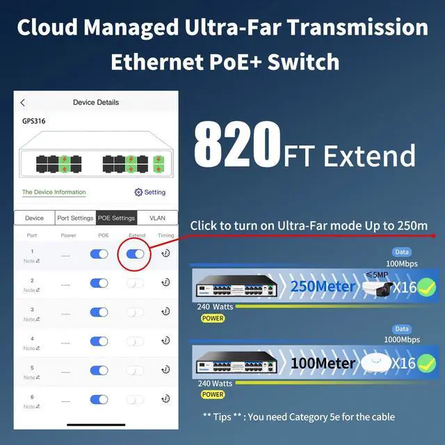 Alt view image 5 of 7 - 16-Port Gigabit PoE+ Switch for Small Business, Easy Managed, 240W Built-in High-Power for IP Cameras/APs, 2 Gigabit Uplinks + 1 Combo SFP Slot, VLAN & 250m Extend, Plug & Play Rack-mountable