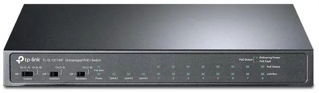 Main image of TL-SL1311MP 8 Port 10/100Mbps Fast Ethernet PoE Switch 8 PoE+ Ports 124W, w/ 2 Uplink Gigabit Ports + 1 SFP Port PoE Recovery Extend & Isolation Mode