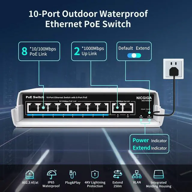 Main image of Outdoor Waterproof 8-Port PoE Switch with 8 Port PoE+@120W + Gigabit Uplink Port, 10 Port IEEE802.3af/at Power Over Ethernet Switch Unmanaged with VLAN and 250m Extender Function, Plug & Play