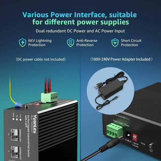 Alt view image 4 of 7 - 10 Port Industrial Switch with 8 Port PoE Gigabit & 2X SFP Port, Unmanaged PoE Switch with 120W Power Adapter, IEEE802.3af/at, VLAN & RSTP, Din-Rail PoE Switch for IP Camera, VoIP Phones,AP