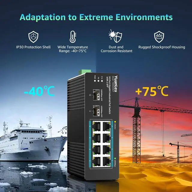Alt view image 7 of 7 - 10 Port Industrial Switch with 8 Port PoE Gigabit & 2X SFP Port, Unmanaged PoE Switch with 120W Power Adapter, IEEE802.3af/at, VLAN & RSTP, Din-Rail PoE Switch for IP Camera, VoIP Phones,AP