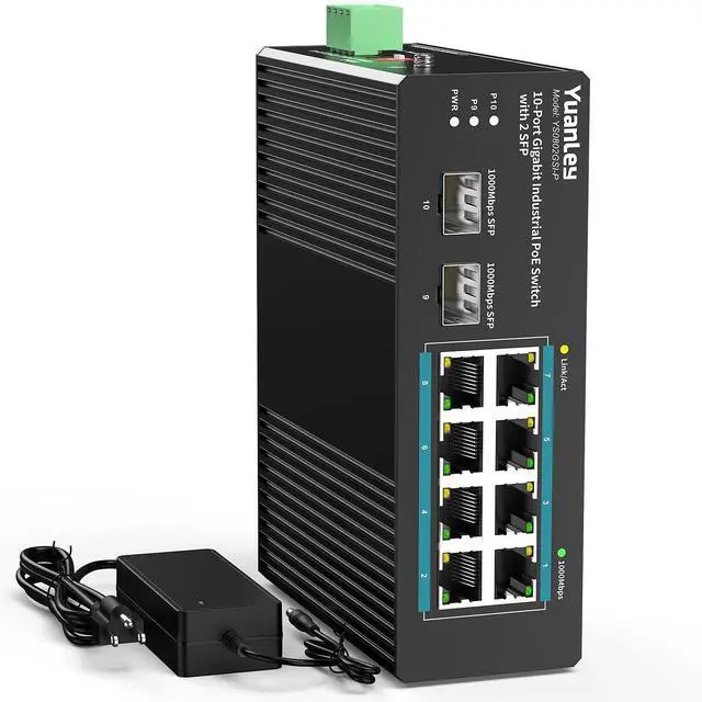 Main image of 10 Port Industrial Switch with 8 Port PoE Gigabit & 2X SFP Port, Unmanaged PoE Switch with 120W Power Adapter, IEEE802.3af/at, VLAN & RSTP, Din-Rail PoE Switch for IP Camera, VoIP Phones,AP