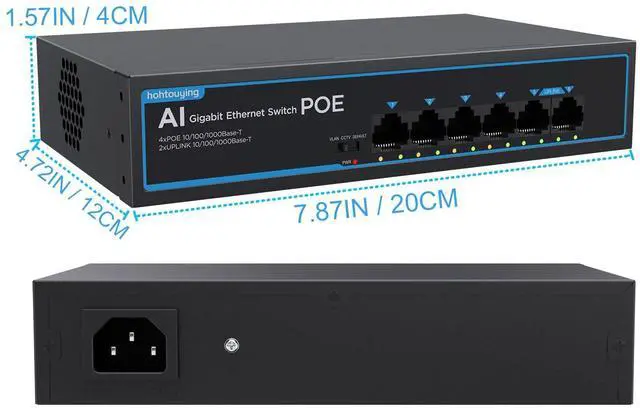 Alt view image 7 of 7 - 4 Port Gigabit PoE Switch with 2 Gigabit Uplink, 1000Mbps, 802.3af/at, 65W Built-in Power, Vlan, Unmanaged Metal Plug and Play, Ideal for NVR and Power Over Ethernet Security Cameras