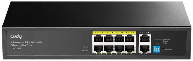 Main image of 8 Port Gigabit PoE Switch, 120 Watts PoE Budget, 8 10/100/1000Mbps PoE+ Ports, 2 Gigabit Uplink Ports , 802.3at, 802.3af, 1/2 (+), 3/6 (-), Fanless, Plug and Play, GS1010PE