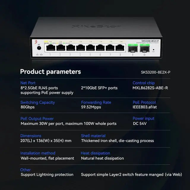 Alt view image 3 of 7 - 10-Port 2.5Gb Managed PoE Switch, 8X 2.5G PoE+ Ports (30W/Port, 100W Total), 2 x 10G SFP+, Fanless,Desktop/Wall Mount, for IP Cameras, NAS, WiFi 6/7 APs