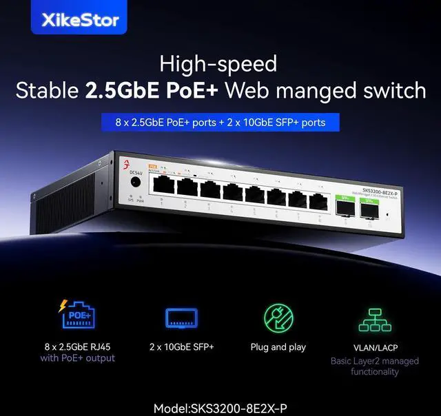 Alt view image 2 of 7 - 10-Port 2.5Gb Managed PoE Switch, 8X 2.5G PoE+ Ports (30W/Port, 100W Total), 2 x 10G SFP+, Fanless,Desktop/Wall Mount, for IP Cameras, NAS, WiFi 6/7 APs