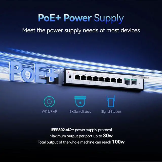 Alt view image 6 of 7 - 10-Port 2.5Gb Managed PoE Switch, 8X 2.5G PoE+ Ports (30W/Port, 100W Total), 2 x 10G SFP+, Fanless,Desktop/Wall Mount, for IP Cameras, NAS, WiFi 6/7 APs