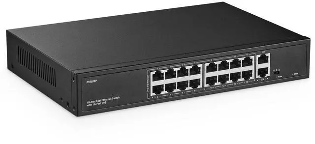 Main image of 16 Port PoE Switch with 2 Gigabit Uplink, 10/100Mbps PoE+ Ports, 100/1000Mbps Uplink, IEEE802.3af/at, Max 200W, VLAN & PoE Extend 250m, YuLinca Metal RackMount Fanless Unmanaged Ethernet Switch